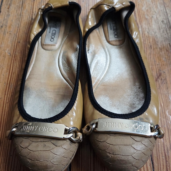 Jimmy Choo Shoes - Jimmy Choo Ballet Flats Patent Leather Embossed Tan Gold Hardware Loafers 38 (8)